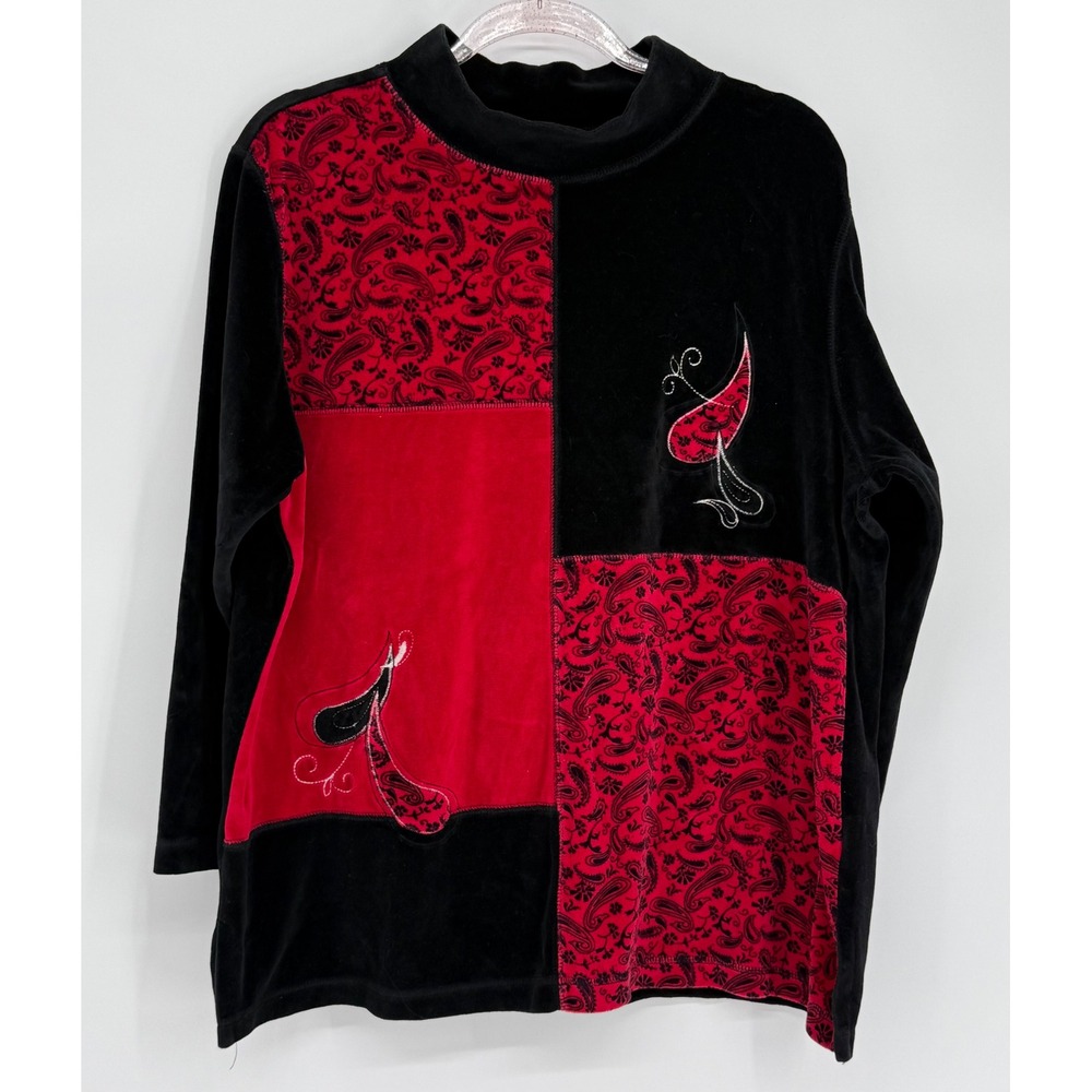 Erika Woman Velour Mock‎ Neck Top Black Red Paisley Embroidered Colorblock Sz 1X